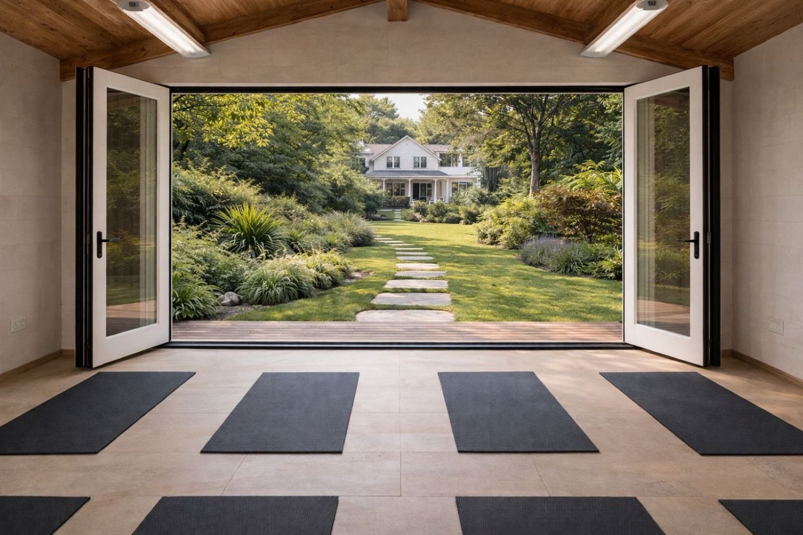 Unique garden yoga studio interior with natural light and cork floors